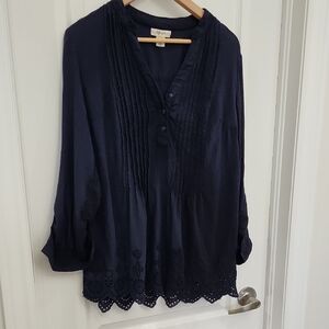 M STYLE &CO Navy Pintuck & Eyelet Blouse